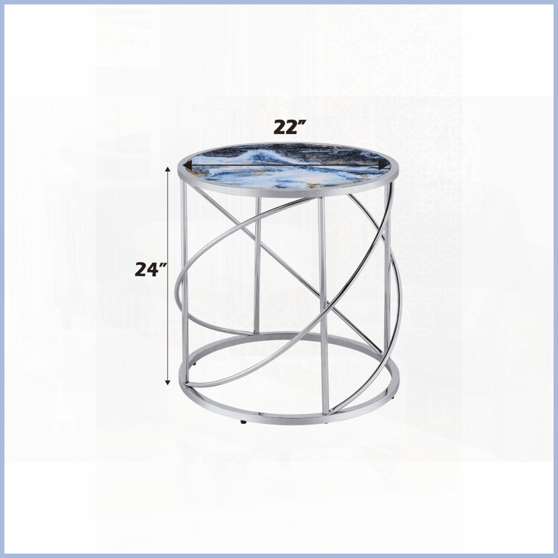 Table basse en marbre bleu avec base en métal chromé complexe, plateau de 20 mm d'épaisseur facile à nettoyer pour le salon