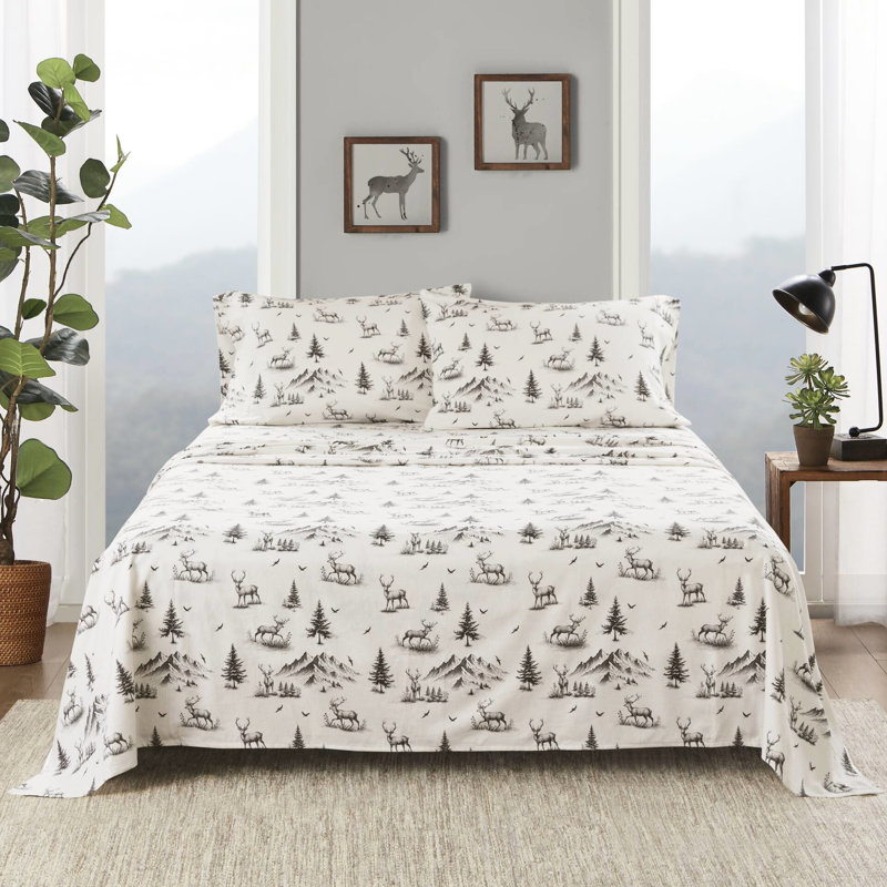 Drap-housse gris 4 pièces en daim gris 100% flanelle de coton brossé pour plus de douceur, drap-housse élastique, avec 1 drap plat et 2 taies d'oreiller