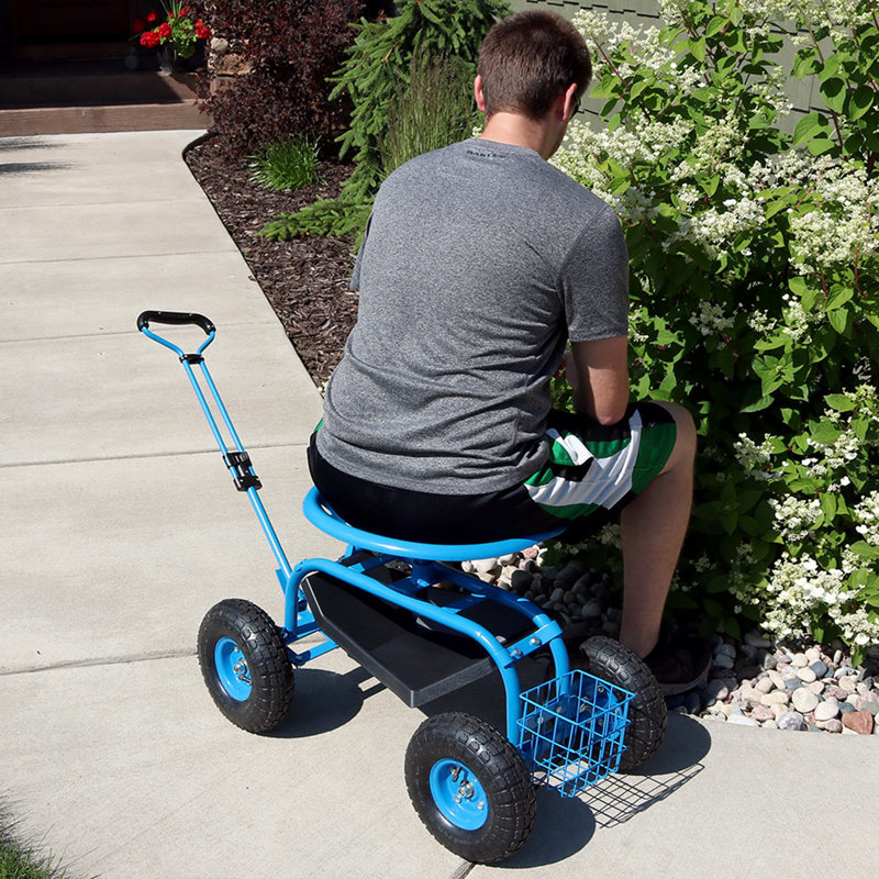 Chariot de jardin extensible en acier avec poignée pivotante et panier - Bleu, Bleu