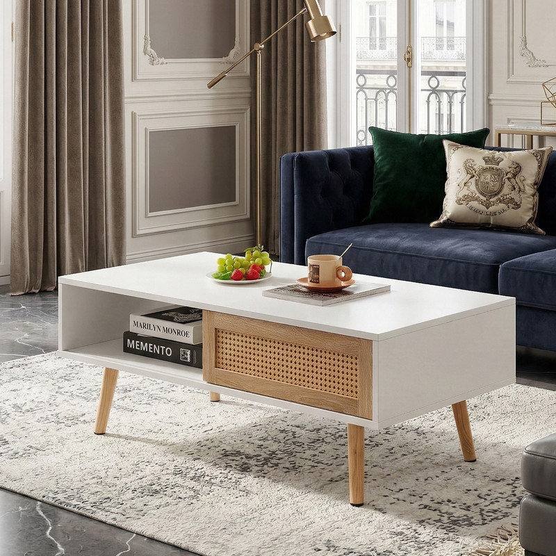 41.3" Rectangular Engineered Wood Coffee Table with Rattan Sliding Door, White/Oak, White