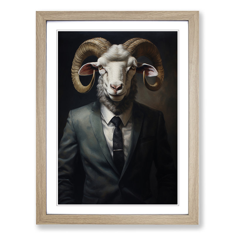 Ram Sheep In A Suit No.2 - Single Picture Frame Print on Wood, 64cm H x 46cm W x 2cm D, Oak