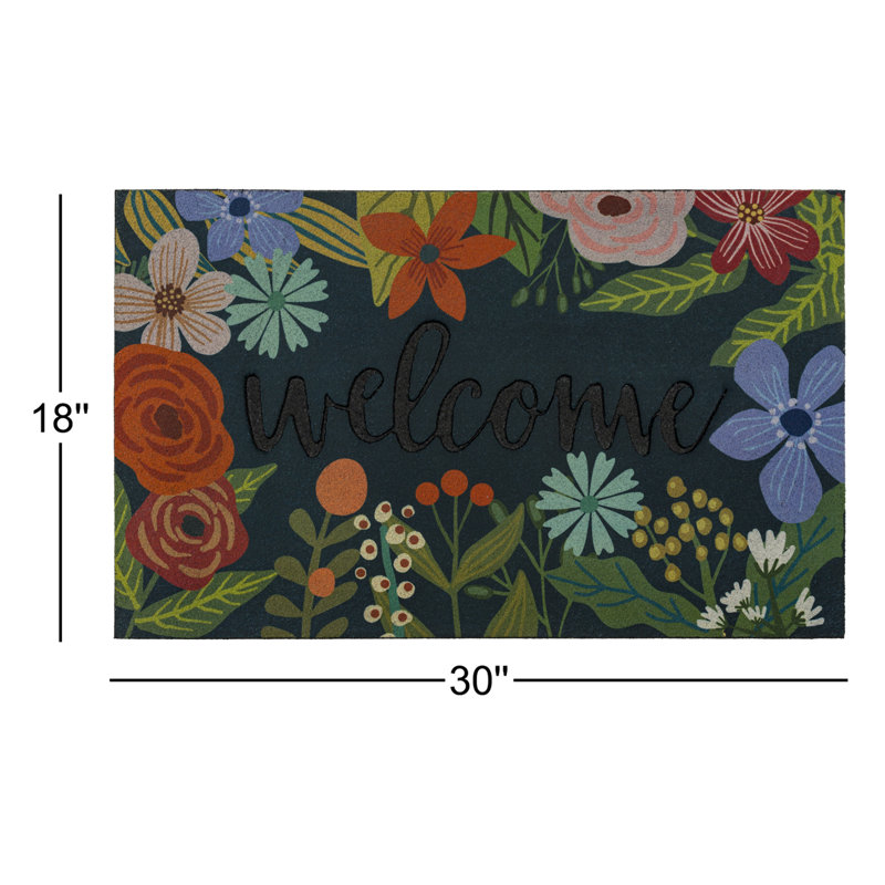 Navy and Green Floral Recycled Rubber Outdoor Welcome Mat