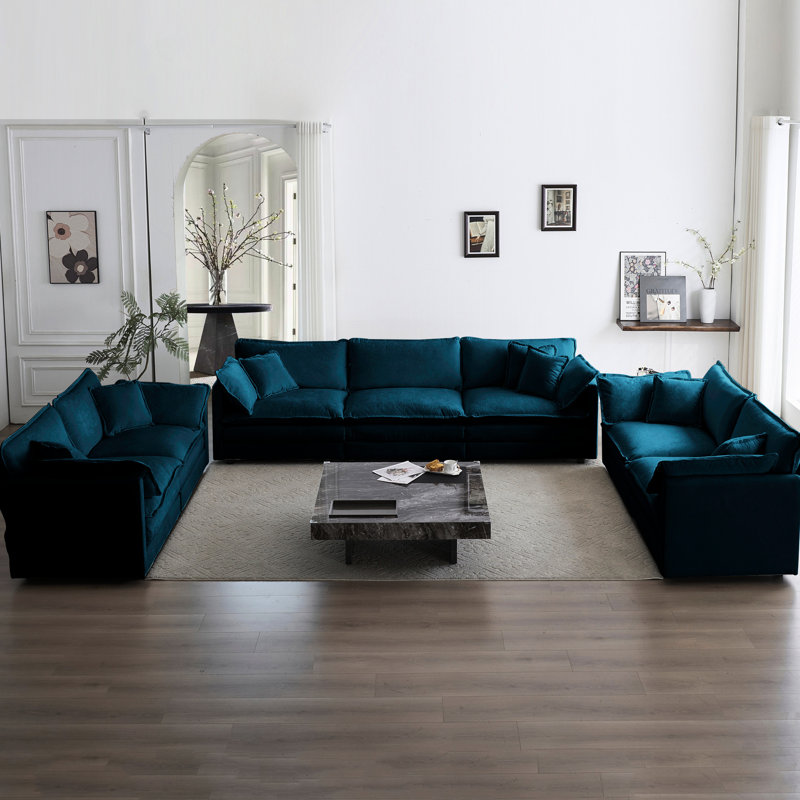 Chenille bleue 3 pièces Très grand canapé confortable pour la décoration intérieure. Canapés 2 places Bois massif, tissu respirant, éponge de qualité. Assise polyvalente, confort relaxant, processus d'assemblage facile: