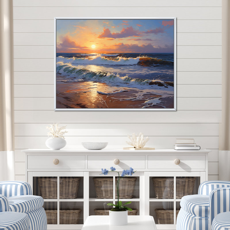 Coucher de soleil, tranquillité, plage vibrante, mariage I - reproduction, H 12 po x l 20 po x P 1 po, Cadre flottant blanc