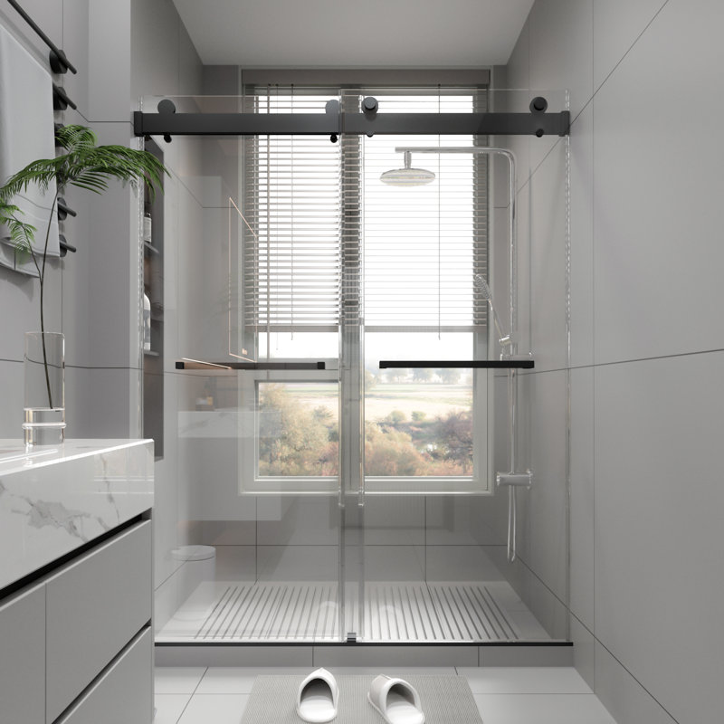 56-60" W X 76" H Frameless Bypass Shower Door, Double Sliding Soft-Close System, 3/8" SGCC Tempered Glass, Modern Shower Enclosure In Matte Black