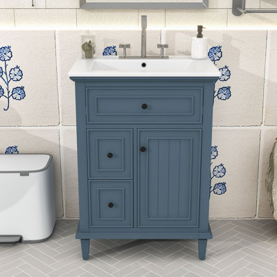Meuble-lavabo simple contemporain en bois avec lavabo en céramique, tablette réglable et tiroirs de rangement