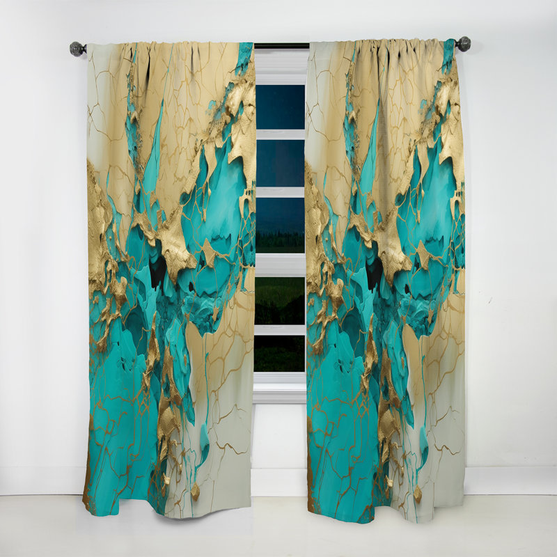 Khailynn - Encre liquide captivante or turquoise - Rideau de marbre abstrait - Velours obscurcissant - 1 panneau