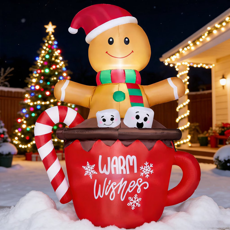 6ft Tall Christmas Inflatable Gingerbread Man in Hot Cocoa Mug