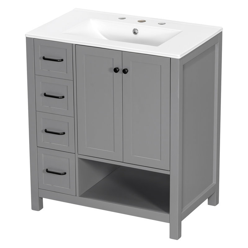 Meuble-lavabo de salle de bain avec comptoir, meuble-lavabo avec deux portes et deux tiroirs, bois massif, tablette ouverte, panneaux de fibres à densité moyenne