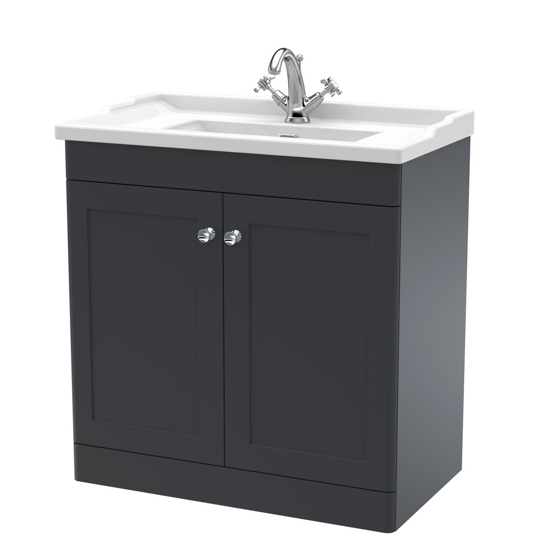 nuie CLC1426F Classique Traditional Bathroom Floor Standing 2 Door Vanity Unit & 1 Tap Hole Ceramic Basin, 800mm, Soft Black - Image 3