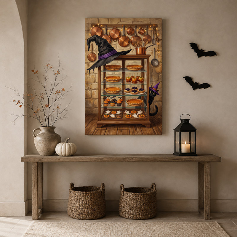 Toile d'Halloween, chapeau de sorcière sur étui en verre avec tartes et petits gâteaux, H 30 po x l 20 po