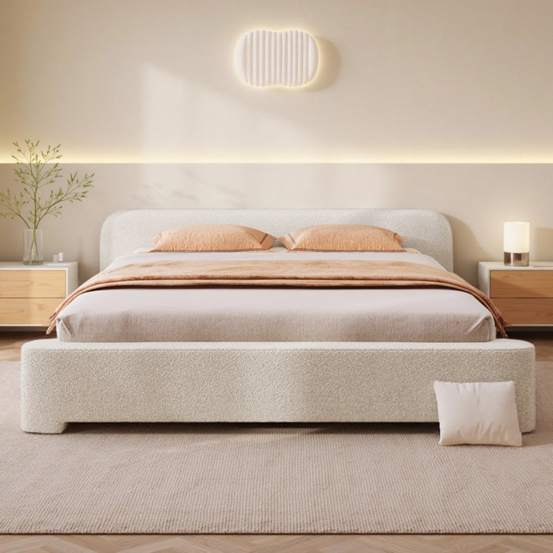 King/ Queen Size Cozy White Boucle Upholstered Bed Frame with Wood Support For Bedroom, Queen