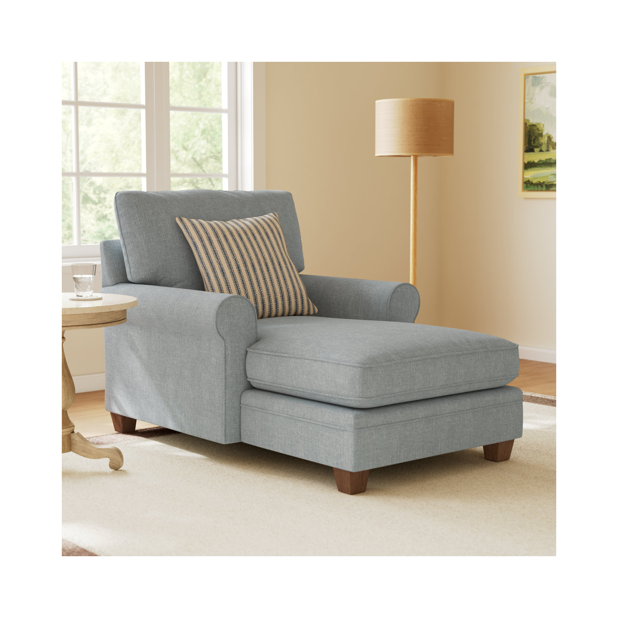 Upholstered Chaise Lounge, Dove Grey Performance, Dark Walnut