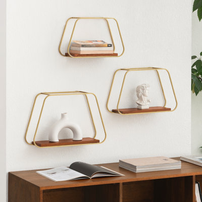 Wetherill Trapezoid-Shaped Solid Wood & Metal Wall Accent Shelves