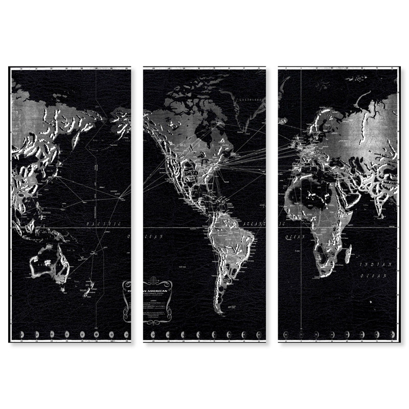 Pan American Airways Map 1956 Triptych, Plane Routes Industrial