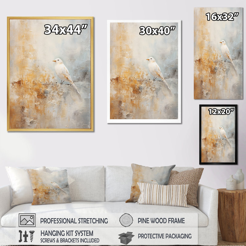 Goéland beige sur une impression sur toile, Cadre flottant doré, H 20 po x l 12 po x P 1 po