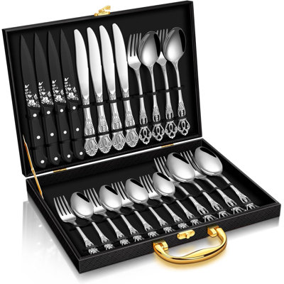 24-Piece Retro Royal Silverware Set With Gift Box, Stainless Steel Mirror Flatware Cutlery For Home, Party, Wedding, Dishwasher Safe Utensils