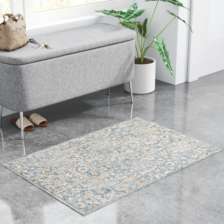 Floral Blue Handmade Traditional Natural Wool Indoor Area Rug