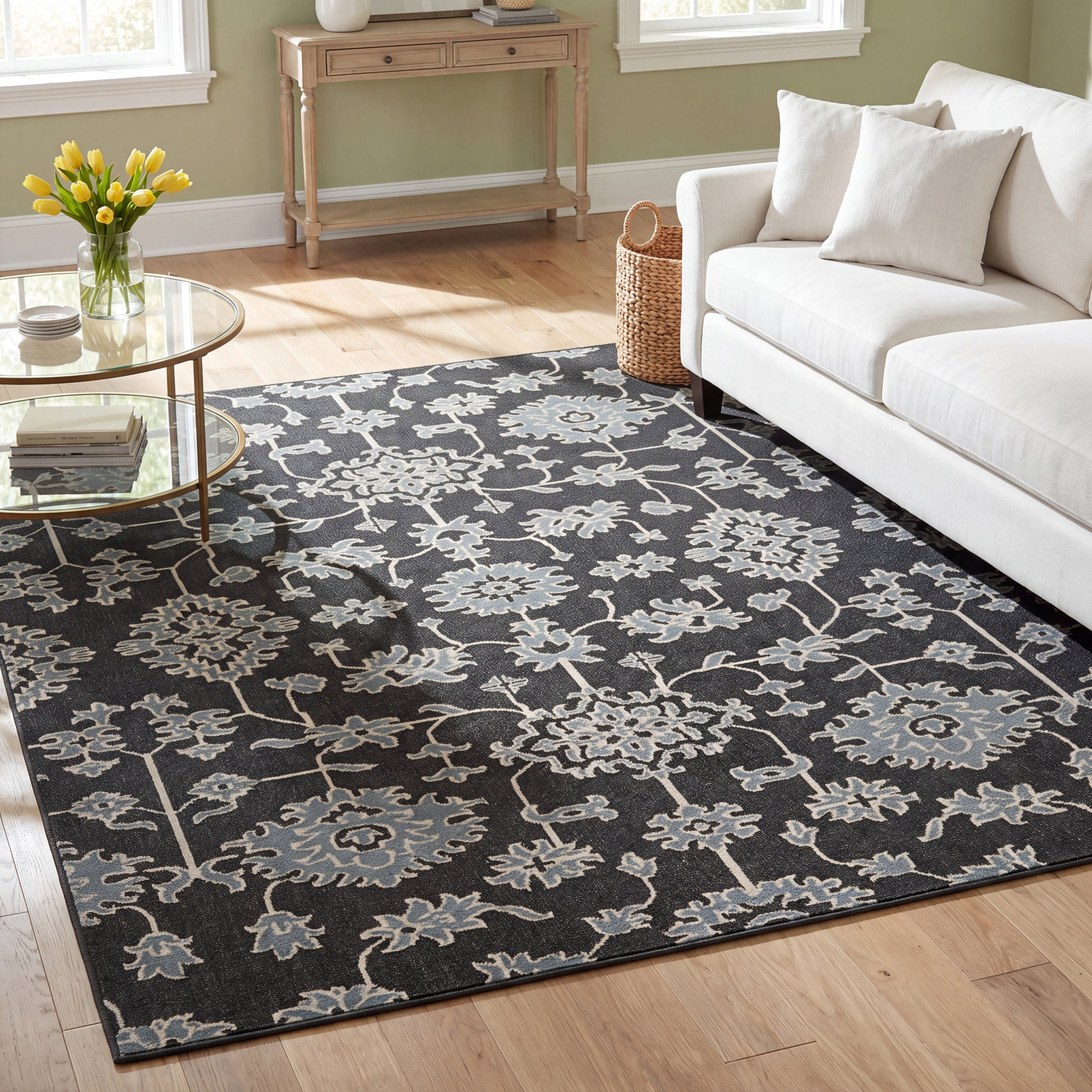 Adrienne Charcoal Floral Outdoor Rug, Rectangle 8'6" x 13'