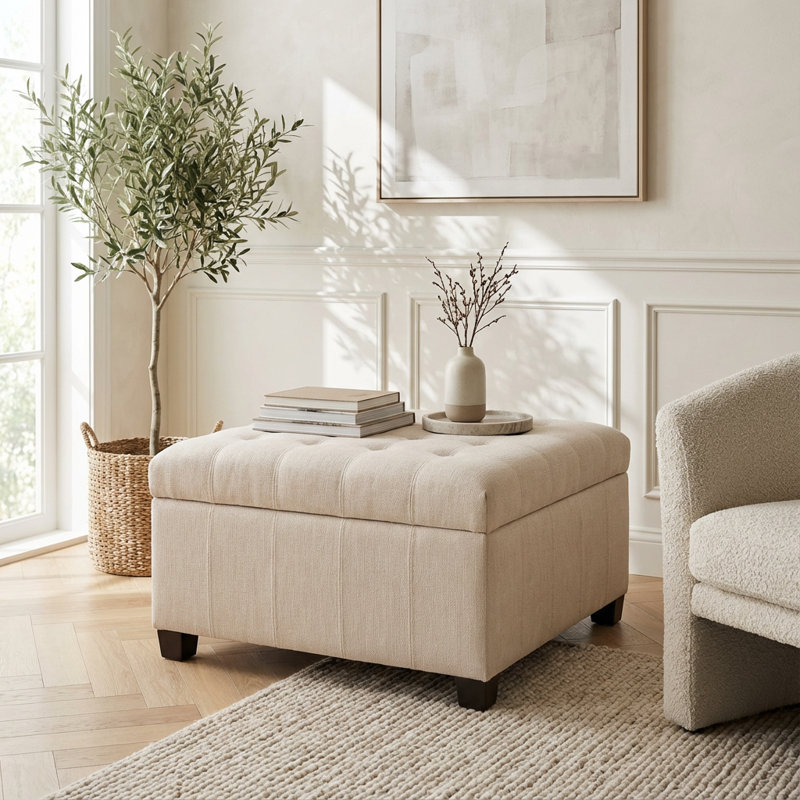 Repose-pieds de rangement contemporain en tissu avec couvercle capitonné et compartiment de rangement caché, Blé
