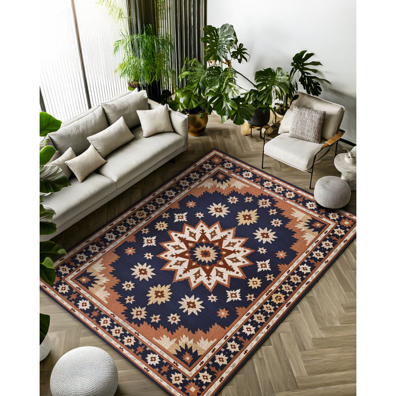 Minisa Collection Digital Print Cotton-Polyester Navy Moroccan Rug, Round 3'4"