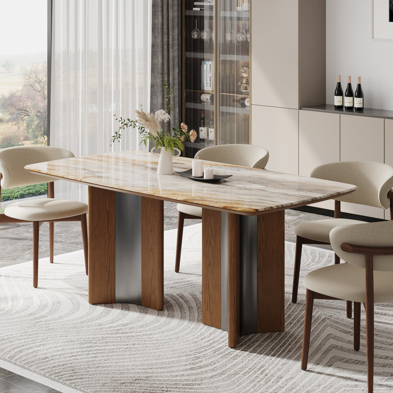 63" Luxury Stone-top Dining Table For 4-6 People, Rectangle Kitchen Table With Dual-material Wood & Stainless Steel Base