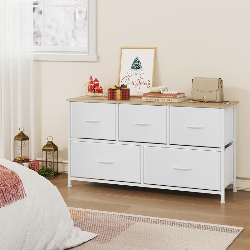 Chest of Drawers with 5 Fabric Drawers, White