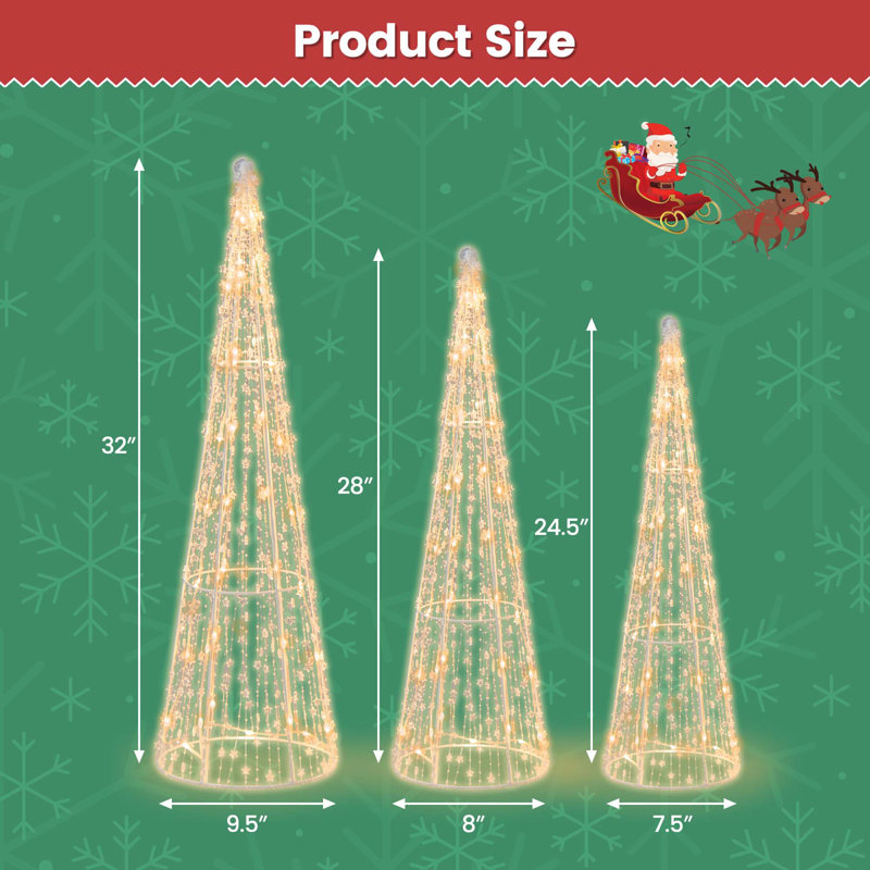 3 Piece Set Christmas Cone Trees Glittered Lighted Display