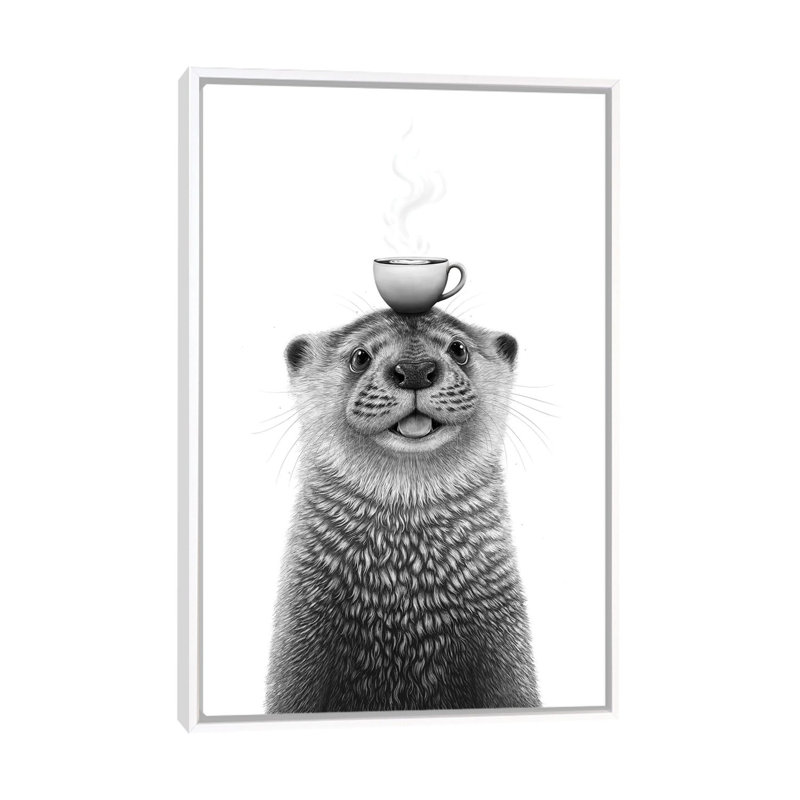 Loutre avec café - reproduction d'art murale - toile encadrée, 60 po x 40 po, Toile avec cadre, Blanc