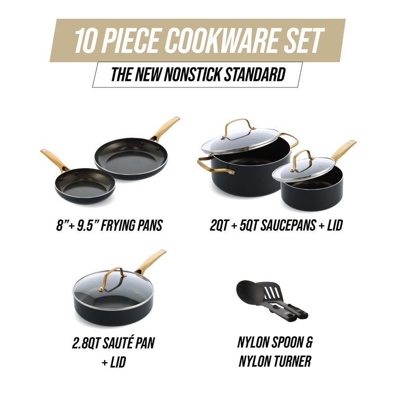 Black and Gold Aluminum Nonstick Cookware Set with Glass Lids