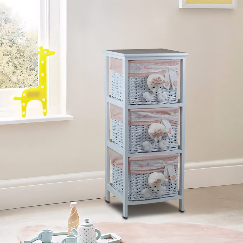 3 Drawer Wooden Cabinet with Wicker Storage Baskets and White Bear Design for Home Organization