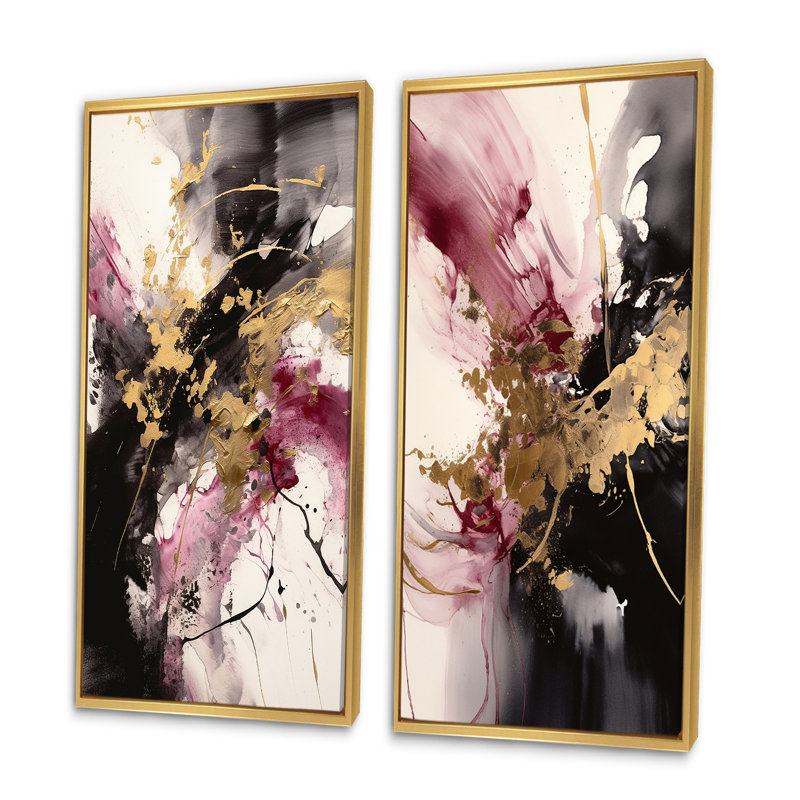 2 pièces sur toile - Or et rose fluides fusion, Encadrement doré, H 32 po x l 32 po
