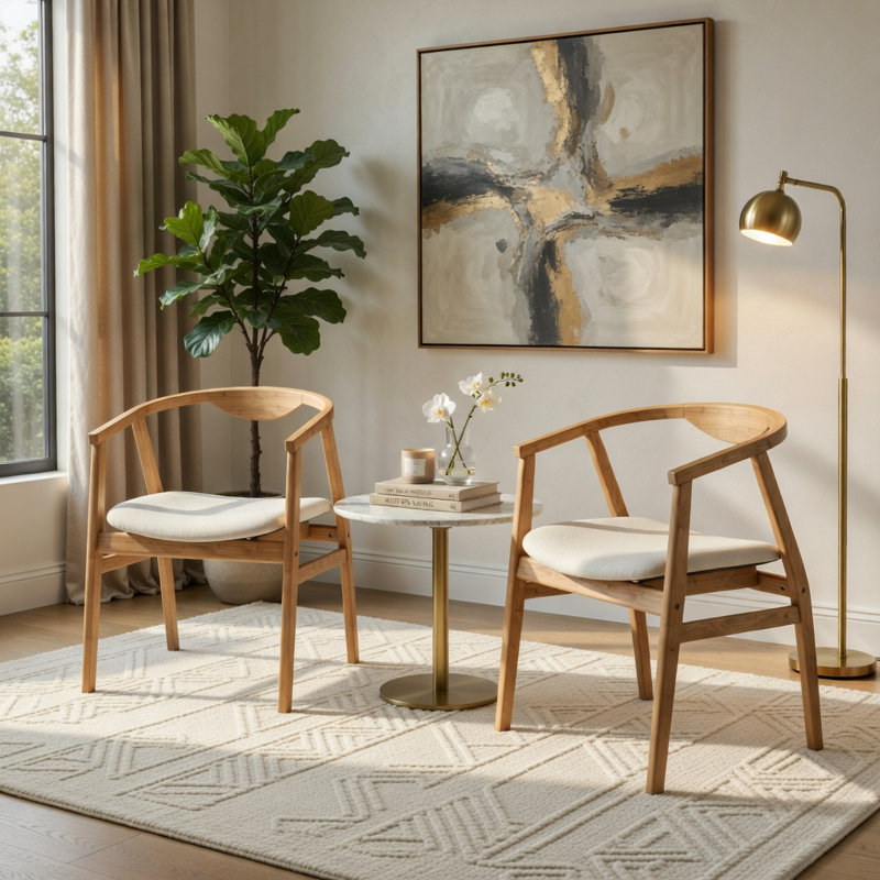  Bamboo Accent Chair with Curved Backrest & Padded Seat, Rustic Modern Dining or Living Room Chair, Natural