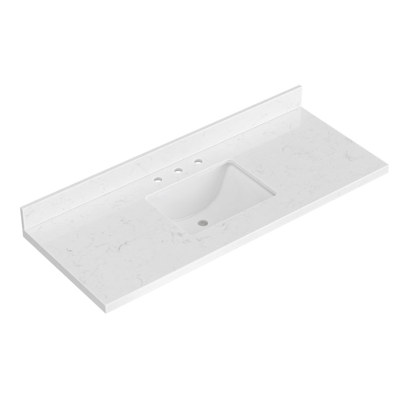 Comptoir de salle de bain en quartz blanc Carrara de 54 po Ariel avec rebord à onglet de 1,5 po d'épaisseur avec lavabo simple rectangulaire et dosseret inclus