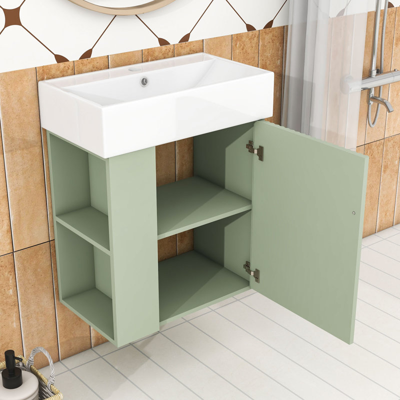 Modern Floating Bathroom Vanity with Wave-Patterned Door, Ceramic Sink and Storage Shelves, Green
