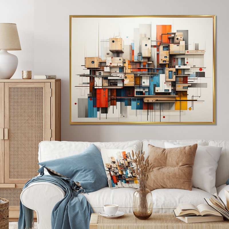«Cityscape Bluiding Geometric Collage II», reproduction d'art sur toile, 12" H x 20" W, Cadre flottant doré