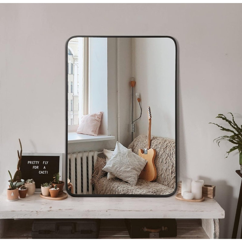Miroir mural de salle de bain rectangulaire en métal noir 24 x 32 pouces - coins arrondis, verre anti-distorsion