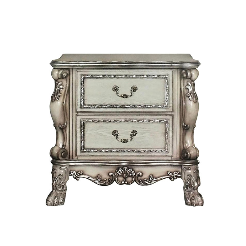 Table de chevet de chambre à coucher au look rétro - 2 tiroirs, bois massif avec détails de style artisanal de qualité
