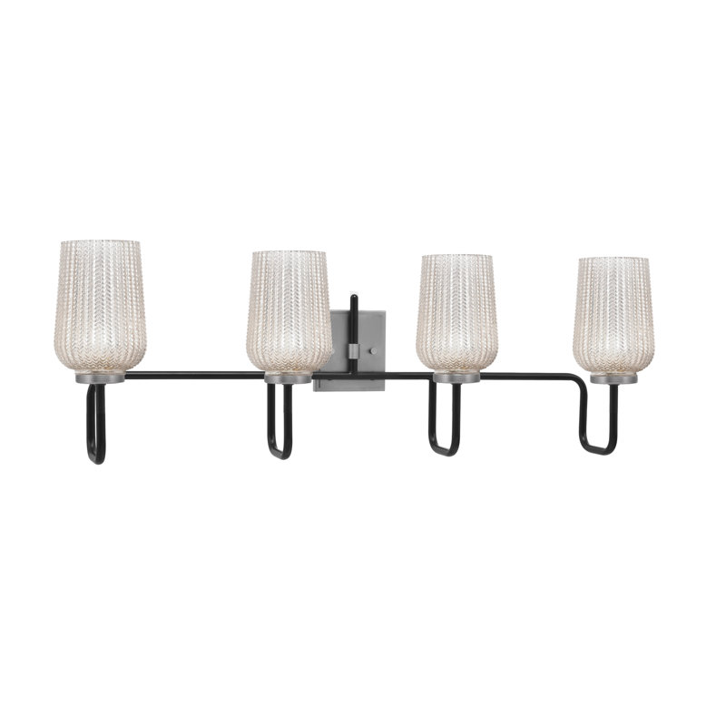 Barre d'éclairage de salle de bain 4 lumières Amarmula, noir mat et finition graphite, verre texturé argenté de 5 po
