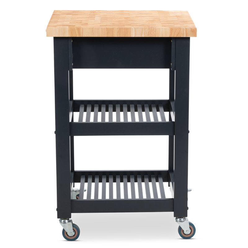 Midnight Navy Rubber Wood Butcher Block Kitchen Cart with Storage