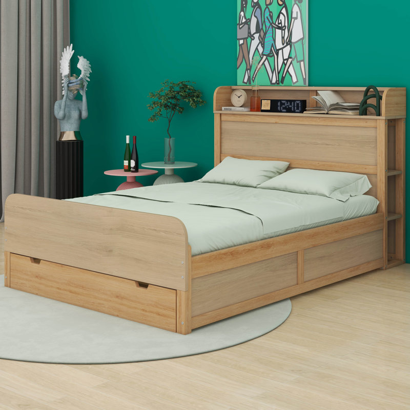 Wescott Platform Bed with Storage Headboard and a Big Drawer,Storage Bed,Bed Frame,Beds, Wood