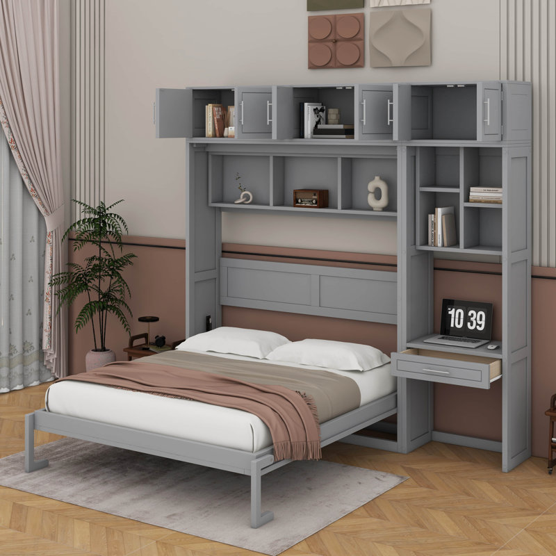 Lit escamotable mural avec bureau, armoire supérieure et tablettes de rangement, Grand lit, Gris