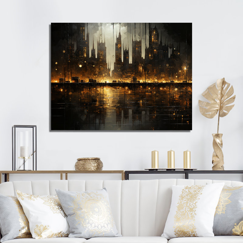 Nyc Cityscape Night Noir I, H 16 po x l 32 po x P 1 po, Toile tendue