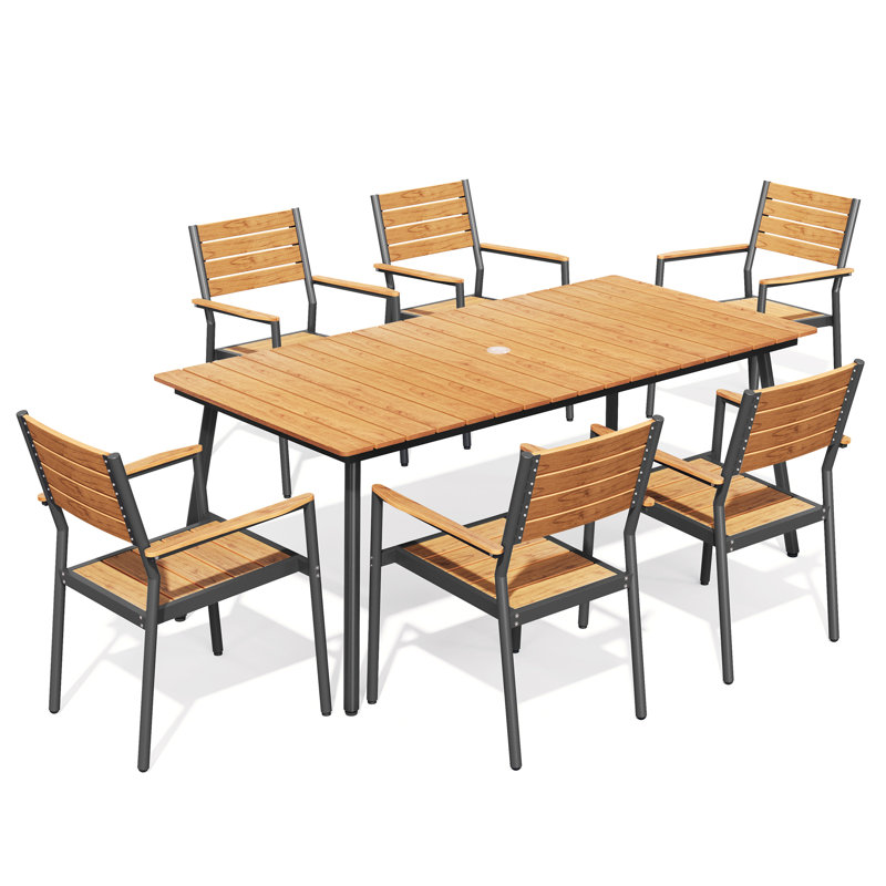 Ensemble repas de patio en métal pour 6 personnes avec table rectangulaire Muntz, Brun / Noir