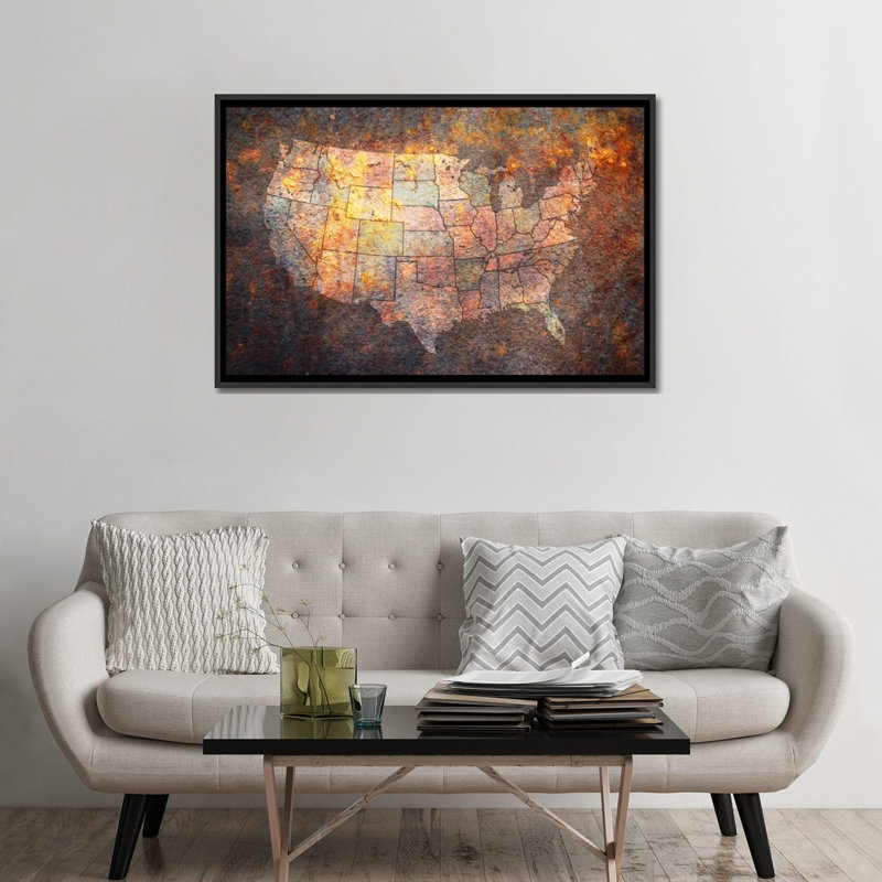 «U.S.A. «Map» par Michael Tompsett, impression sur toile, H 32 po x l 48 po x P 1,5 po, Toile avec cadre noir, Pas de tapis