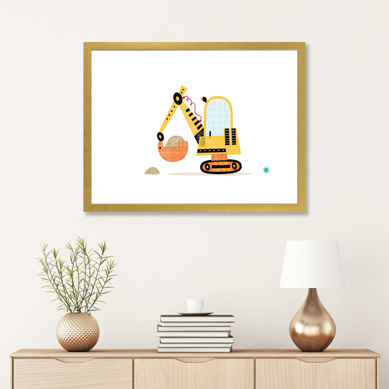 Excavator - impression d'art graphique, Blanc, Papier encadré doré, H 24 po x l 32 po x P 1 po