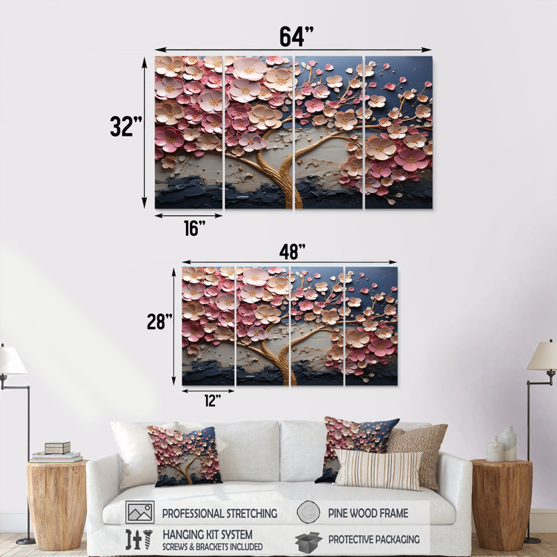 Rose et fleur de jardin doré - Fleurs, art mural 4 pièces pour le salon, H 32 po x l 64 po