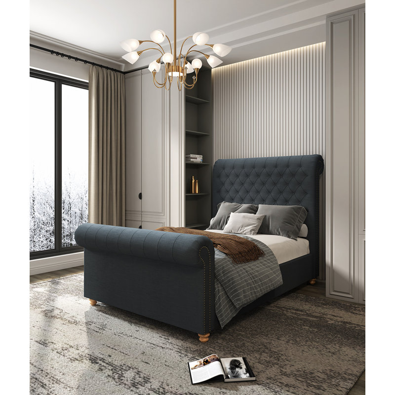 Upholstered Bed, Queen, Dark Blue