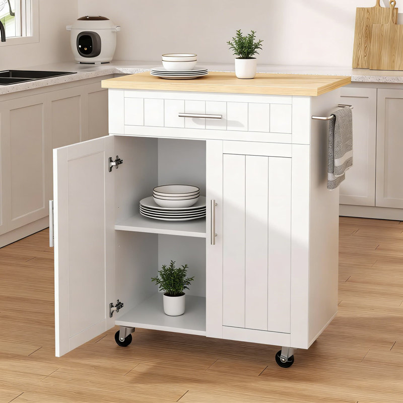 Chariot d'îlot de cuisine mobile avec rangement et roues, armoire roulante portable avec poste de travail, support pour micro-ondes et porte-serviettes pour l'organisation de la cuisine