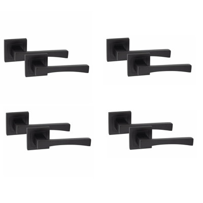  4 Pairs Wave Premium Design Door Handles on Square Rose in Matt Black Finish